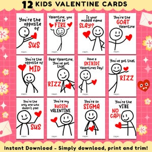 Tarjetas para el día de San Valentín de Slang Kids (12): divertidas tarjetas imprimibles para el día de San Valentín para adolescentes y preadolescentes, Skibidi, Sus, Sigma, Stickman Slang Valentine, Slang