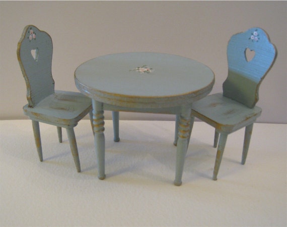 Duck egg blue table and two chairs hand painted with rose | Etsy