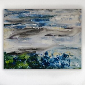 May include: Abstract watercolor painting with shades of blue, green, and gray. The painting depicts a landscape with a cloudy sky and a distant horizon.