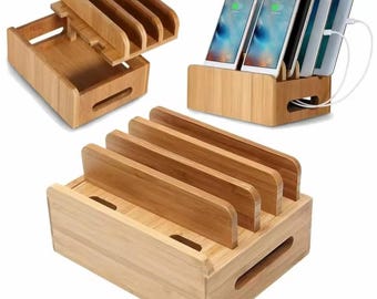 Bamboo Charging Station Organizer: Multi-Device Dock with Cord Management