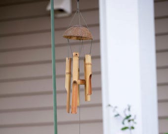 Bamboo Bird Wind Chime, Coconut Shell, Garden Decor