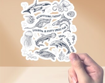 May include: A sticker sheet featuring various marine life illustrations, including an orca, octopus, and dolphin. Text includes "Occupational Therapy," "Strength in every small tide," and "Adapt. Create. Flow."