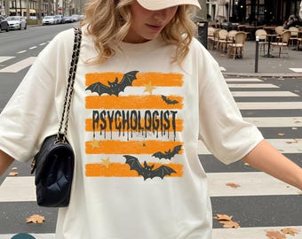 Striped Retro Bat Psychologist Halloween Comfort Colors Shirt: Spooky School Clinical Psychology Sweatshirt Gift