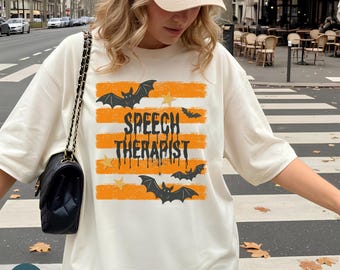 Striped Retro Bat Speech Therapist Halloween Comfort Colors Shirt: Spooky SLP Teacher Sweatshirt Gift