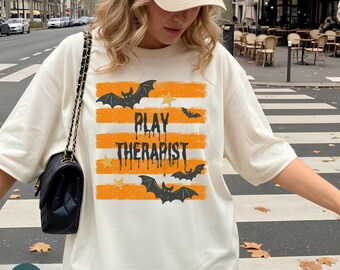 Striped Retro Bat Play Therapist Halloween Comfort Colors Shirt: Spooky Pediatric Child Therapist Sweatshirt