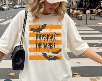 Striped Retro Bat Physical Therapist Halloween Comfort Colors Shirt: Spooky Pediatric PT PTA Sweatshirt