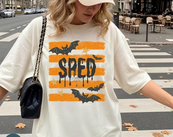 Striped Retro Bat SPED Teacher Halloween Comfort Colors Shirt: Spooky Special Education Sweatshirt Gift