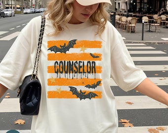 Striped Retro Bat Counselor Halloween Comfort Colors Shirt: Spooky School Counseling Psychology Sweatshirt Gift
