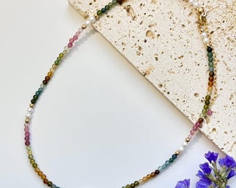 Rainbow Tourmaline Pearl Necklace • 14k Gold-Filled • Gemstone Jewelry • October Birthstone Gift