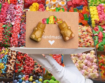 Glitter Gold Gummy Bear Stud Earrings: Handmade Resin Candycore Jewelry