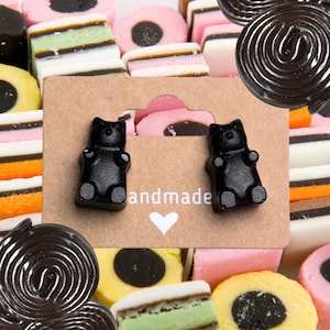 Black Licorice Gummy Bear Earrings – Handmade Resin Studs | Cute, Colorful, Hypoallergenic Jewelry for Candy Lovers