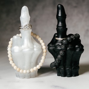 Skull Hand Ring Holder – Black or White Skeleton Hand Jewelry Stand Giving the Middle Finger - Gothic Jewelry Display - Unique Gift Idea