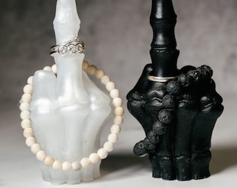 Middle Finger Skeleton Hand Ring Holder, Gothic Jewelry Display, Spooky Vanity Decor, Black White