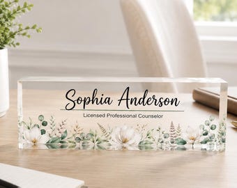 Personalisierte Schreibtischplakette für Therapeuten, Namensschild mit individuellem Aufdruck, florale Acryl-Bürodekoration, Geschenk für staatlich anerkannte Therapeuten