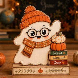Puede incluir: Un recorte de madera de un fantasma con un gorro de punto naranja con una hoja de arce, gafas negras y una bufanda a cuadros. El fantasma está junto a una pila de tres libros con las etiquetas Be Kind, Learn y Grow, y dos calabazas.