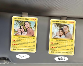 Presente personalizado para o Dia dos Pais, clipe de viseira de carro com foto em estilo de carta colecionável de anime, presentes para pais gamers de crianças, presente personalizado para novos pais ou maridos