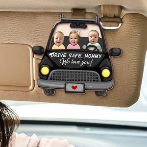 安全運転パパ - パーソナライズされた写真入り木製車用バイザークリップ、夫へのギフト、父の日、面白いお父さんへのギフト、子供とのカスタム面白い顔