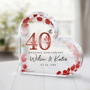Personalized 40th Wedding Anniversary Gift, Ruby Anniversary Keepsake, 40th Anniversary Heart Plaque, 40th Ruby Gift for Husband Parents