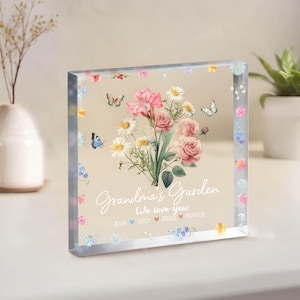 Regalos personalizados para mamá, placa acrílica personalizada, regalo para el Día de la Madre, regalo para el jardín de la abuela, regalo floral para el mes de nacimiento, regalo floral con los nombres de los nietos.