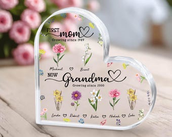 Personalized Birth Flower Name Plaque, First Mom Now Grandma, With Kids Names, Garden Gift, Custom Mother's Day Gift For Mom, Great Grandma