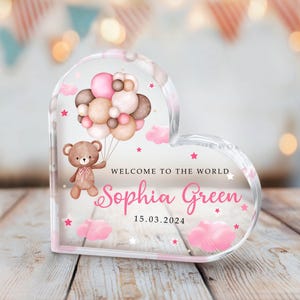 Personalized New Baby Gift for Girl, Newborn Gift, Welcome to the World Keepsake, Teddy Bear Balloon Plaque Baby Keepsake, New Parents Gifts
