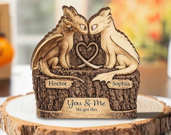Bloque de madera personalizado para pareja de dragones, letrero de dragón con nombre personalizado, decoración de "Cómo entrenar", regalo de fantasía para amantes de los dragones, regalo de aniversario para pareja