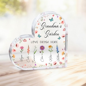 Grandma Gift, Personalized Grandma&#39;s Garden Gift For Grandma, Mother&#39;s Day Gift For Grandma, Birth Month Flower Heart Acrylic Plaque