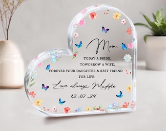 Regalo personalizado para la madre de la novia de su hija, regalo de bodas para mamá el día de la boda, regalo para mamá e hija, placa acrílica con forma de corazón.