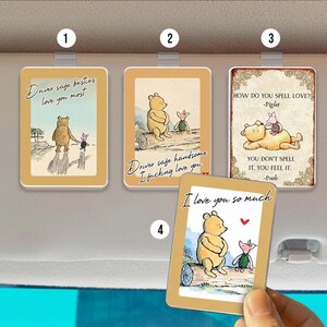 May include: Set of four rectangular car air fresheners featuring Winnie the Pooh and Piglet illustrations. Each has a different quote, including "Driver safe besties love you most" and "I love you so much". The air fresheners have a beige border.