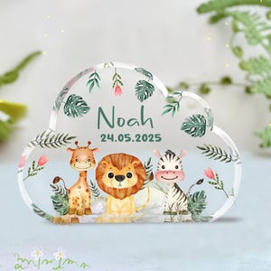 Baby Keepsake Gift With Name Date, Safari Animals Baby Shower Gift, Baby Birth Announcement Acrylic Plaque, Newborn Gift, Nursery Room Decor