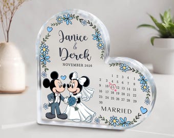 Custom Disney Wedding Date Plaque, Mickey Minnie Couple gifts, Personalized Heart Calendar Gift, Married Keepsake, Anniversary Gift, Engaged