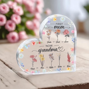 Personalized Grandma&#39;s Garden Acrylic Plaque, Grandma Acrylic Plaque, Birth Month Flower Family Heart Shape Acrylic, Family&#39;s Gift