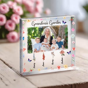 Grandma&#39;s Garden | Great Grandma Gift | Expecting Mom Gift | New Grandma Gift | Grandma Picture Gift Birth Month Flower Heart Acrylic Plaque