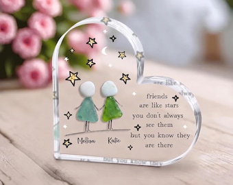 Hart acryl vriendschap aandenken met zeeglaskunst, vrienden als sterren, geschenken zussen, zinvolle beste vriend decor voor haar, verjaardagscadeau