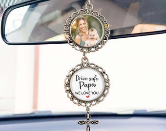 Drive Safe Car Charm with Photo, Custom Rearview Mirror Ornament, Personalized Gift for Dad Grandpa or Husband from Kids, Drive Safe Gift
