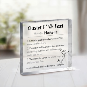May include: A clear acrylic block with the text "Cluster F*%k Fixer" and the name "Michelle." The block defines the term with three points, including "master problem solver" and "ultimate savior." A small stick figure is drawn on the right side.