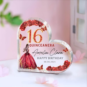 Gepersonaliseerde Happy 16e verjaardagscadeau plaque, Quinceanera cadeau voor haar, hart plaque, 16e verjaardagscadeaus, rood goud Sweet 16 partij gunst