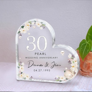 30th Anniversary Gift, Personalized 30th Wedding Anniversary Gift Pearl Anniversary Present Heart Acrylic Plaque Keepsake Gift for Parents