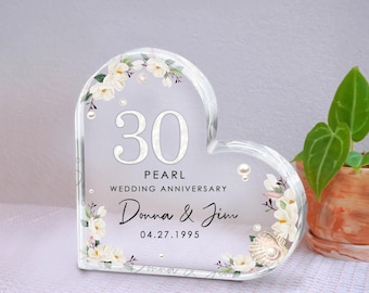 30th Anniversary Gift, Personalized 30th Wedding Anniversary Gift Pearl Anniversary Present Heart Acrylic Plaque Keepsake Gift for Parents