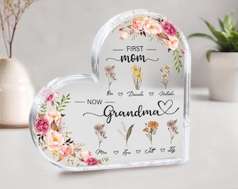 Personalized Birth Flower Name Acrylic Plaque, First Mom Now Grandma, With Kids Names, Garden Gift, Mother's Day Gift For Mom, Great Grandma