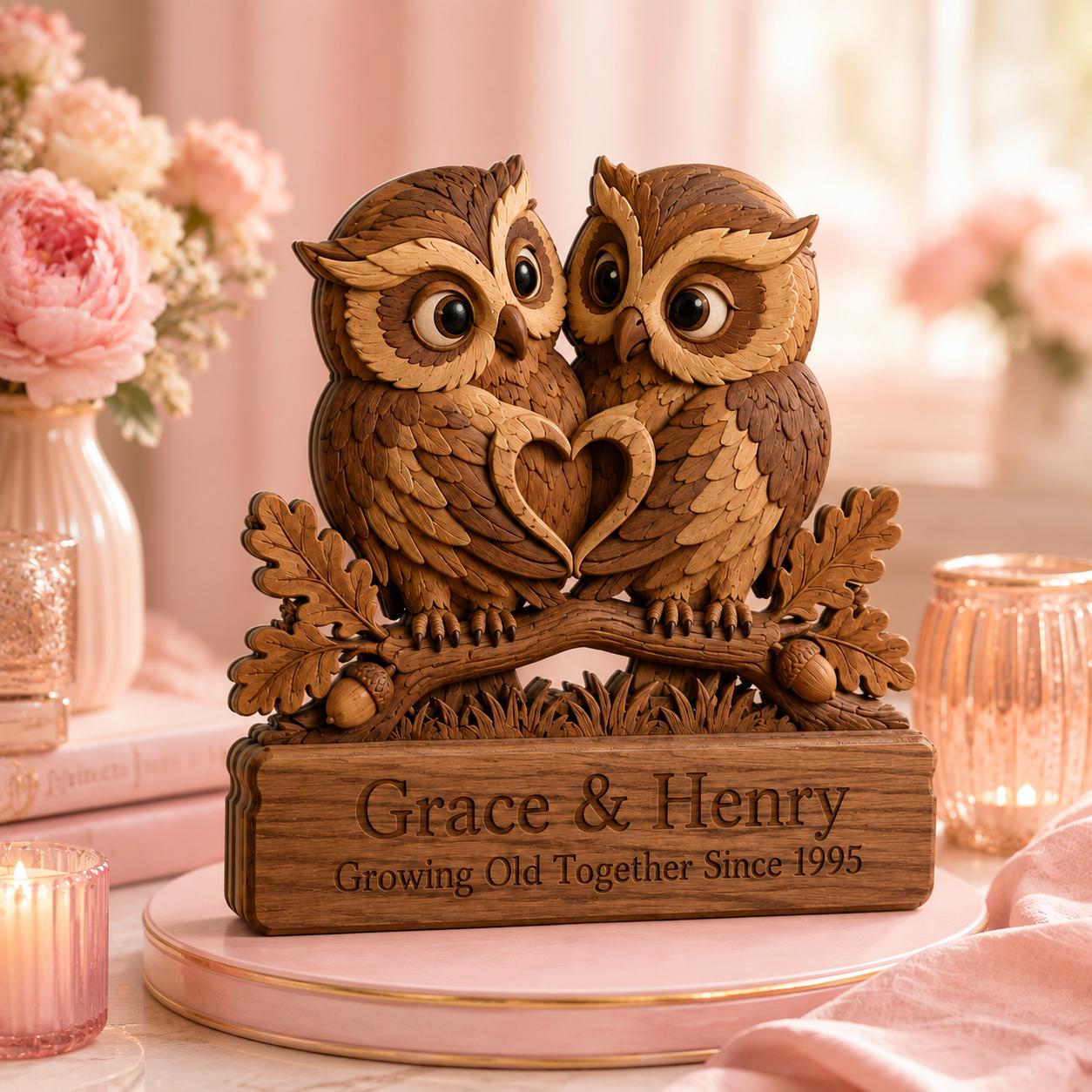 Personalized Owl Couple Wooden Block, Custom Names Anniversary Gift, Romantic Owl Decor, Woodland We