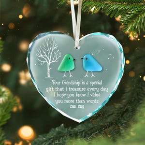 Sea Glass Friendship Ornament 2D Effect, Love Birds Heart Keepsake, Christmas Tree Decor Gift for Best Friends 2025, Friend Christmas Gift