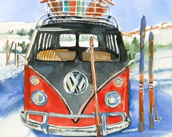 VW Bus Skiing Trip Watercolor Giclee Print