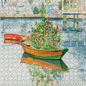 May include: A watercolor painting of a Christmas tree in a small boat on a body of water. The tree is decorated with colorful ornaments and lights. The boat is orange and green with a red and white life preserver.