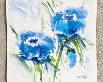 20x20 Blue Floral Giclee Print - Fine Art Print