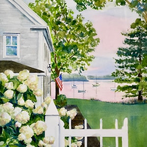 New England Hydrangea Coastal Landscape Giclee Print - Cape Cod Fine Art Print
