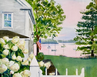 New England Hydrangea Coastal Landscape Giclee Print - Fine Art Print