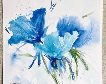 20x20 Blue Floral Giclee Print - Fine Art Print