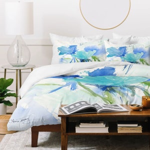 Floral Duvet Cover and Shams Set - Coastal Bedding in Dreamy Blue, Cotton or Polyester Options