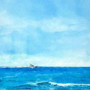 Ocean Print Wall Art, Coastal Seascape Giclee Print - Boat on the Ocean Resort Art